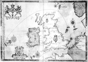 Mapa mostrando a rota da frota da Armada, gravada por Augustine Ryther, 1588